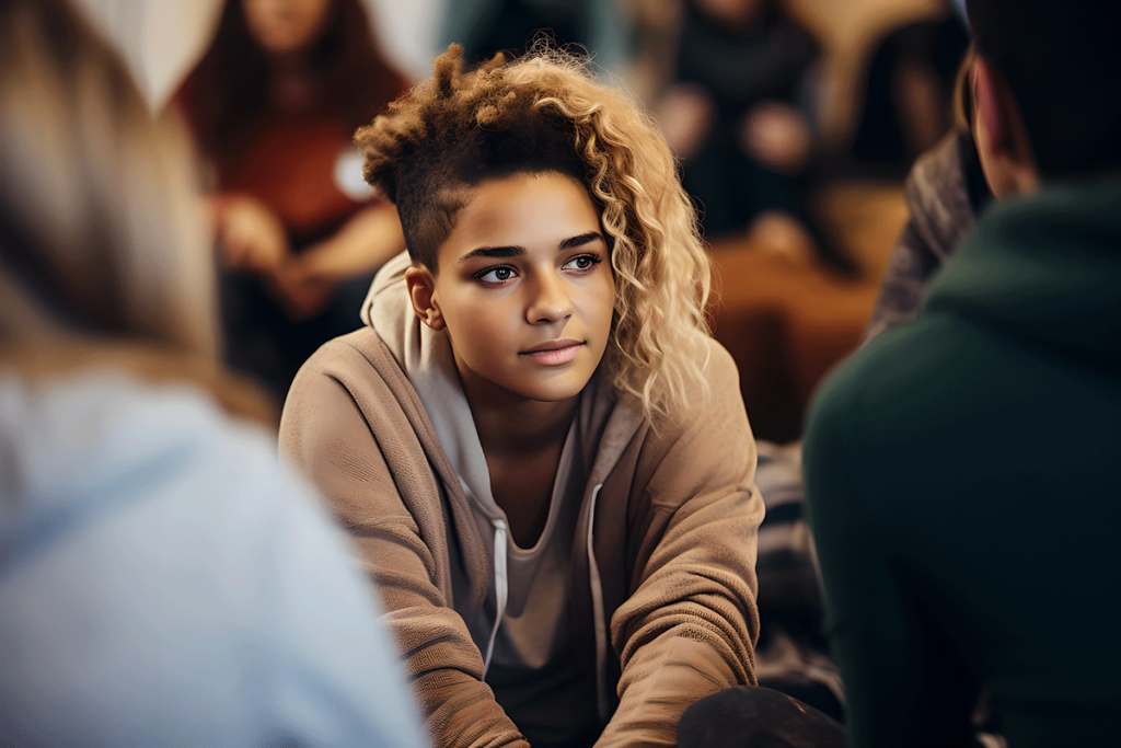 teenage girl happily chatting with friends after internalizing the 5 benefits of cognitive-behavioral therapy for teens