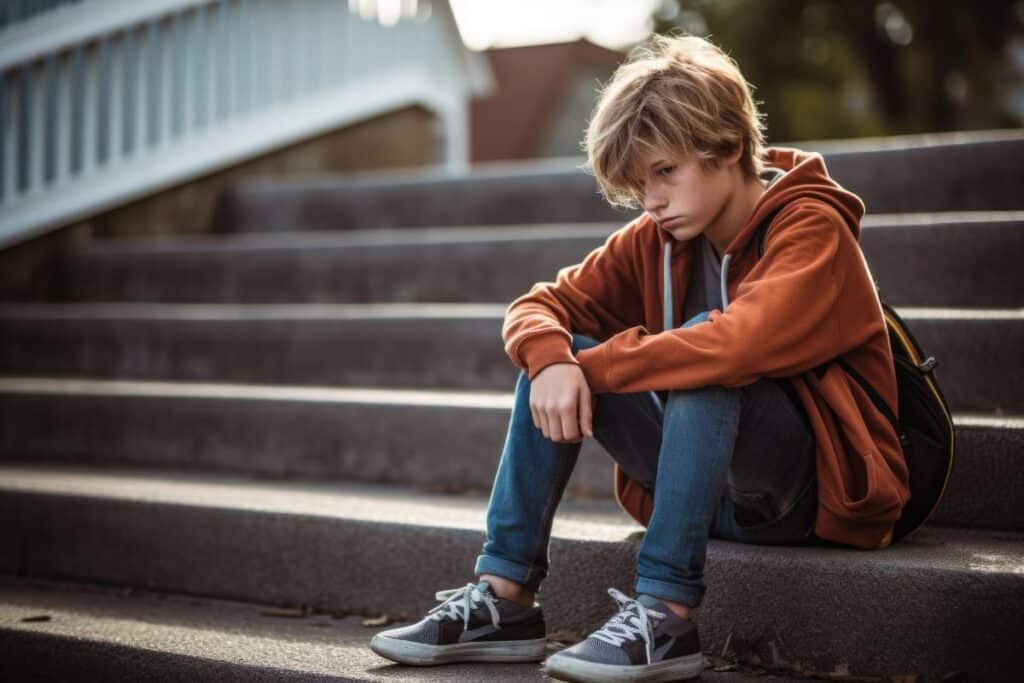 teenage boy seated alone and sullen on outside concrete steps displaying one of 5 signs of anger issues in teens.