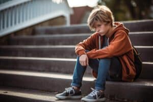 teenage boy seated alone and sullen on outside concrete steps displaying one of 5 signs of anger issues in teens.